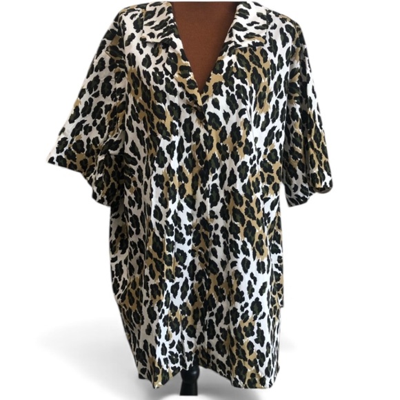 Roaman's Short Sleeve Cotton Button Front Top Plus Size 3x Leopard Print NWOT - Picture 1 of 11